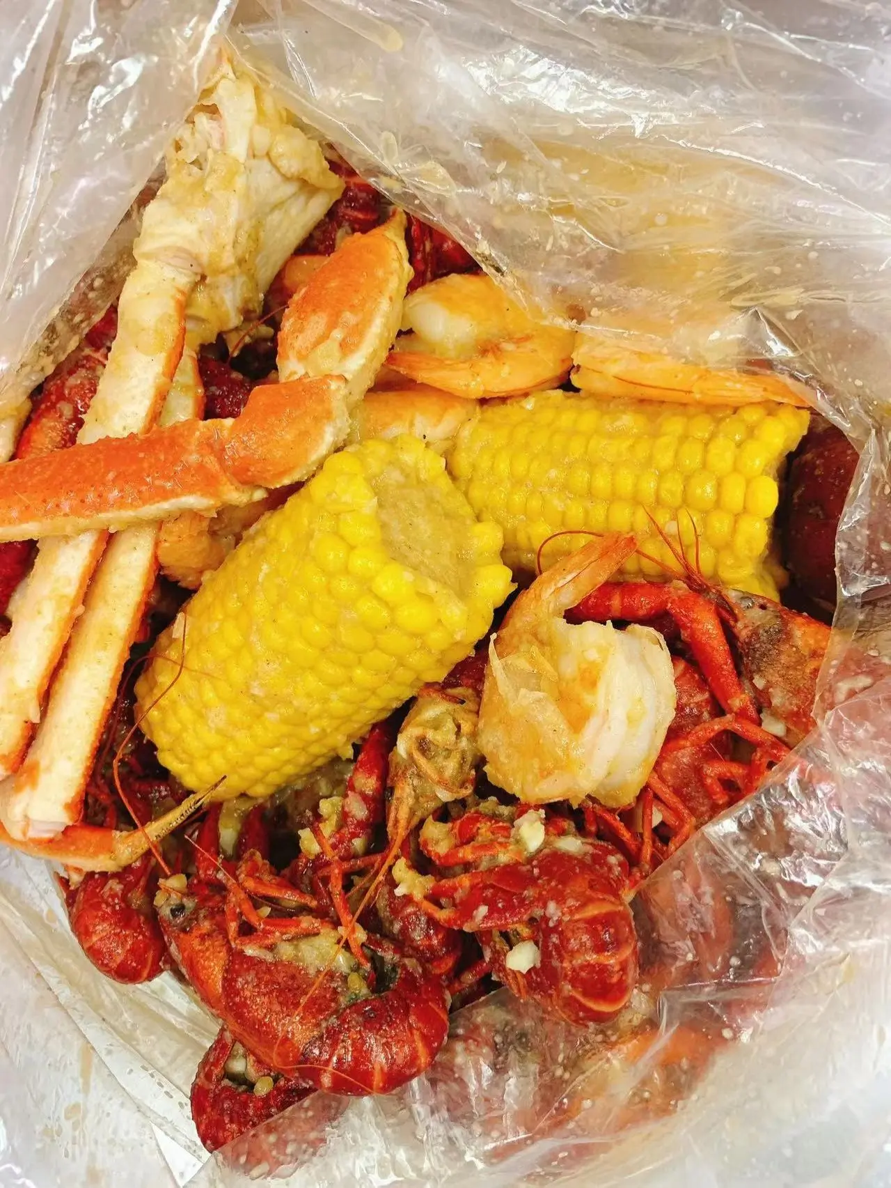 Seafood mix of crayfish, crab legs and corn at Captain Crab, a Seafood Restaurant in Lufkin